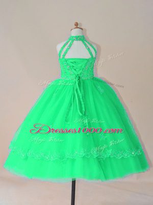 On Sale Floor Length Turquoise Pageant Dress Wholesale Tulle Sleeveless Beading and Appliques