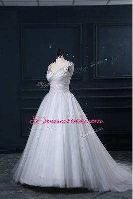 Appliques Wedding Gown Grey Lace Up Sleeveless Brush Train