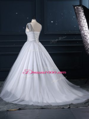 Appliques Wedding Gown Grey Lace Up Sleeveless Brush Train