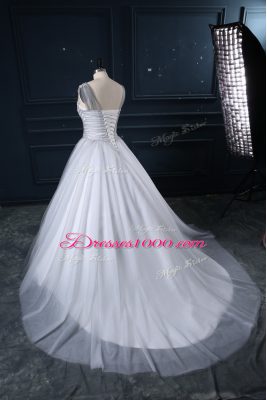 Appliques Wedding Gown Grey Lace Up Sleeveless Brush Train