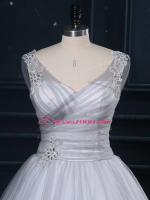 Appliques Wedding Gown Grey Lace Up Sleeveless Brush Train