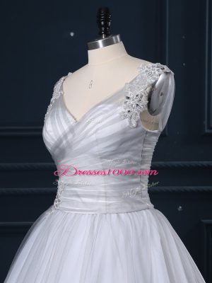 Appliques Wedding Gown Grey Lace Up Sleeveless Brush Train