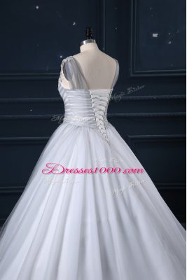 Appliques Wedding Gown Grey Lace Up Sleeveless Brush Train