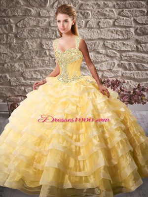 Sweet Gold Ball Gowns Organza Straps Sleeveless Beading and Ruffled Layers Lace Up 15 Quinceanera Dress Court Train