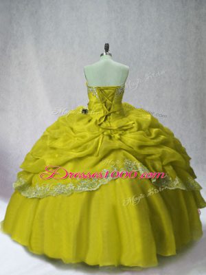 Sleeveless Floor Length Beading and Appliques and Pick Ups Lace Up Sweet 16 Dress with Olive Green