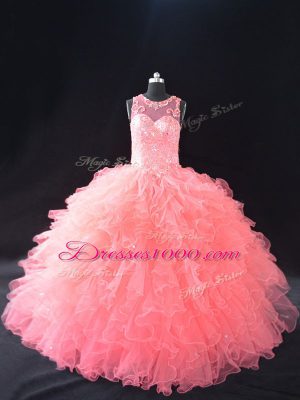 Watermelon Red Lace Up Scoop Beading and Ruffles Vestidos de Quinceanera Organza Sleeveless