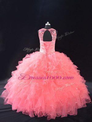 Watermelon Red Lace Up Scoop Beading and Ruffles Vestidos de Quinceanera Organza Sleeveless