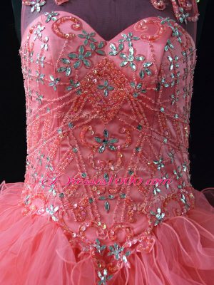 Watermelon Red Lace Up Scoop Beading and Ruffles Vestidos de Quinceanera Organza Sleeveless