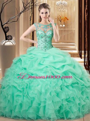 Apple Green Lace Up Scoop Beading and Ruffles Quinceanera Dresses Organza Sleeveless