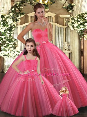 Coral Red Tulle Lace Up Quinceanera Dresses Sleeveless Floor Length Beading