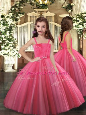 Coral Red Tulle Lace Up Quinceanera Dresses Sleeveless Floor Length Beading