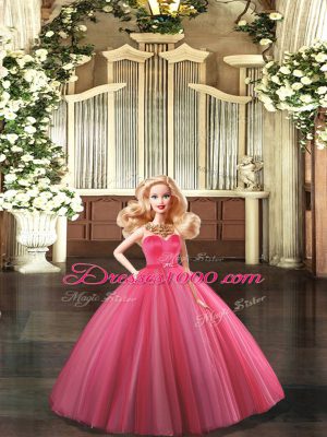 Coral Red Tulle Lace Up Quinceanera Dresses Sleeveless Floor Length Beading