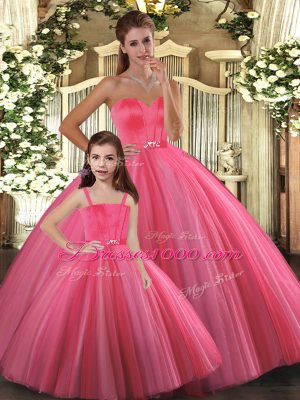 Coral Red Tulle Lace Up Quinceanera Dresses Sleeveless Floor Length Beading