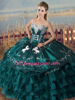 Peacock Green 15 Quinceanera Dress Sweet 16 and Quinceanera with Embroidery and Ruffles Sweetheart Sleeveless Lace Up