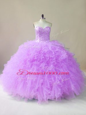 Low Price Lilac Sleeveless Beading and Ruffles Floor Length Sweet 16 Dress