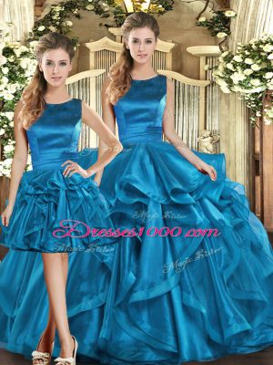 New Style Three Pieces Quinceanera Dress Teal Scoop Organza Sleeveless Floor Length Lace Up