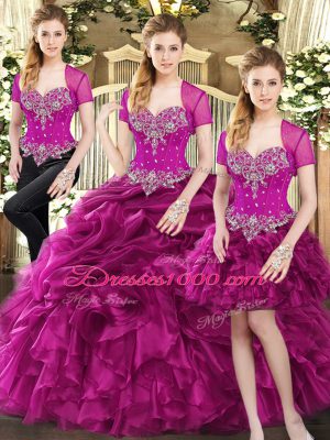 Spectacular Fuchsia Three Pieces Organza Sweetheart Sleeveless Beading and Ruffles and Pick Ups Floor Length Lace Up Quinceanera Dress