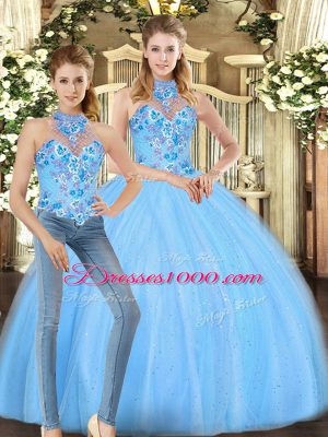 Sleeveless Floor Length Embroidery Lace Up Sweet 16 Dresses with Baby Blue