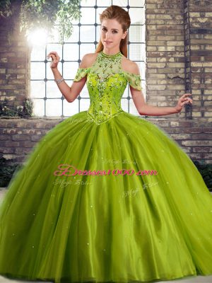 Olive Green Tulle Lace Up Halter Top Sleeveless Quinceanera Gowns Brush Train Beading