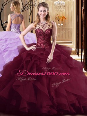 Sleeveless Tulle Brush Train Lace Up Quinceanera Gowns in Burgundy with Beading and Ruffles