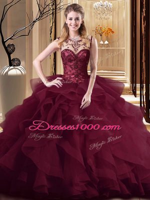 Sleeveless Tulle Brush Train Lace Up Quinceanera Gowns in Burgundy with Beading and Ruffles