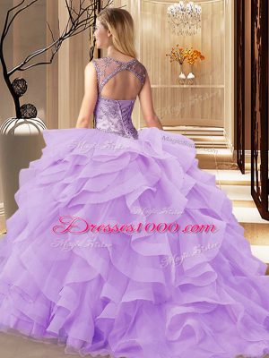 Sleeveless Tulle Brush Train Lace Up Quinceanera Gowns in Burgundy with Beading and Ruffles