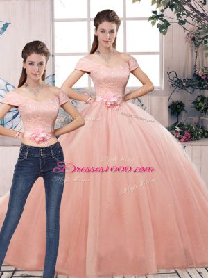 Pink Two Pieces Lace and Hand Made Flower Quinceanera Gown Lace Up Tulle Short Sleeves Floor Length