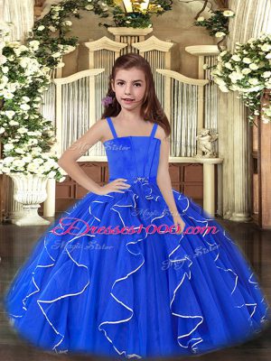 Charming Floor Length Royal Blue Evening Gowns Tulle Sleeveless Ruffles