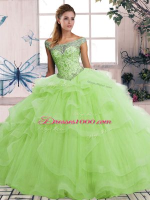 Pretty Yellow Green Ball Gowns Off The Shoulder Sleeveless Tulle Floor Length Lace Up Beading and Ruffles Sweet 16 Dresses