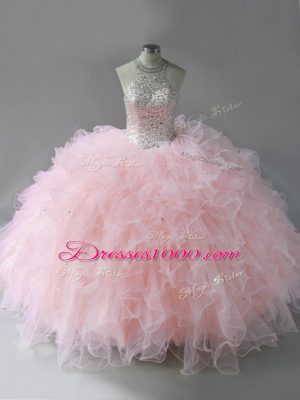 Decent Halter Top Sleeveless Lace Up Sweet 16 Quinceanera Dress Pink Tulle