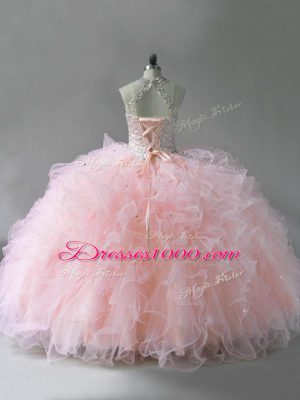 Decent Halter Top Sleeveless Lace Up Sweet 16 Quinceanera Dress Pink Tulle