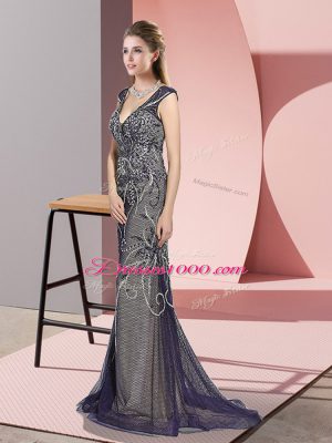 Tulle Sleeveless Prom Party Dress Sweep Train and Beading