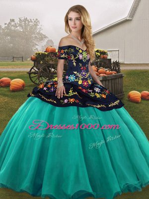 Embroidery Ball Gown Prom Dress Turquoise Lace Up Sleeveless Floor Length