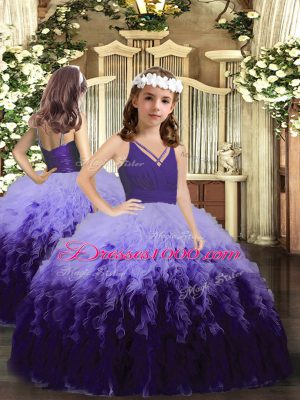 Multi-color Tulle Backless V-neck Sleeveless Floor Length Sweet 16 Quinceanera Dress Ruffles and Ruching