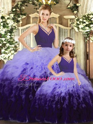 Multi-color Tulle Backless V-neck Sleeveless Floor Length Sweet 16 Quinceanera Dress Ruffles and Ruching