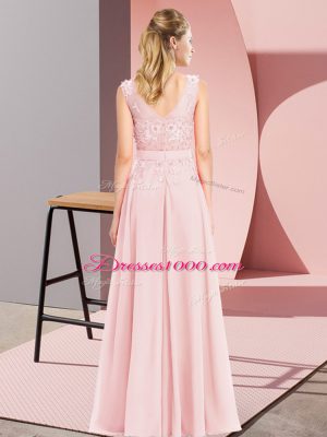 Trendy Baby Pink Sleeveless Chiffon Zipper Bridesmaid Gown for Wedding Party