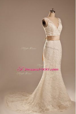 Luxury Lace V-neck Sleeveless Brush Train Backless Lace and Belt Wedding Dresses in White