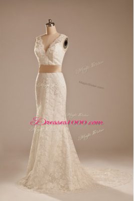Luxury Lace V-neck Sleeveless Brush Train Backless Lace and Belt Wedding Dresses in White