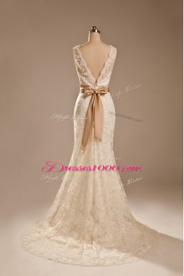 Luxury Lace V-neck Sleeveless Brush Train Backless Lace and Belt Wedding Dresses in White
