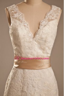 Luxury Lace V-neck Sleeveless Brush Train Backless Lace and Belt Wedding Dresses in White