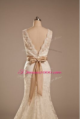 Luxury Lace V-neck Sleeveless Brush Train Backless Lace and Belt Wedding Dresses in White