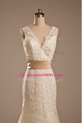 Luxury Lace V-neck Sleeveless Brush Train Backless Lace and Belt Wedding Dresses in White