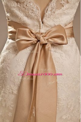 Luxury Lace V-neck Sleeveless Brush Train Backless Lace and Belt Wedding Dresses in White