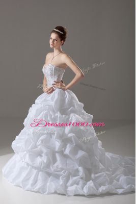 Sleeveless Brush Train Lace Up Beading and Pick Ups Wedding Dress