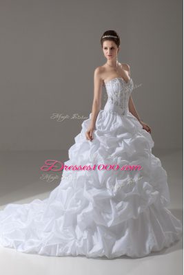 Sleeveless Brush Train Lace Up Beading and Pick Ups Wedding Dress