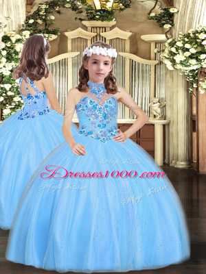 Baby Blue Lace Up Halter Top Appliques Girls Pageant Dresses Tulle Sleeveless