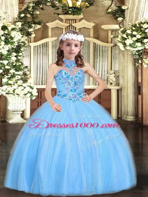 Baby Blue Lace Up Halter Top Appliques Girls Pageant Dresses Tulle Sleeveless