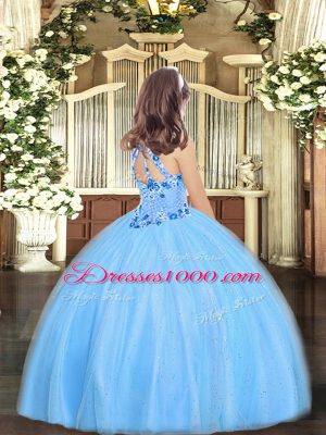 Baby Blue Lace Up Halter Top Appliques Girls Pageant Dresses Tulle Sleeveless