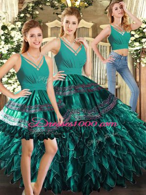 V-neck Sleeveless Sweet 16 Dresses Floor Length Appliques and Ruffles Turquoise Organza
