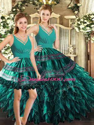 V-neck Sleeveless Sweet 16 Dresses Floor Length Appliques and Ruffles Turquoise Organza